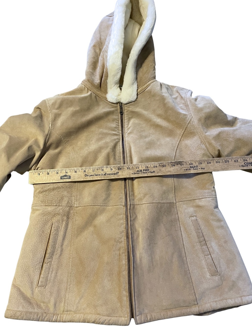 STEPHANIE ANDREWS Women's L Tan Suede Leather Hooded Faux Fur Shearling Jacket - Picture 12 of 15